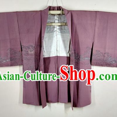 Japanese Classical Landscape Pattern Lilac Silk Overcoat Apparel Male Haori Jacket Clothing Traditional Kimono Outer Garment
