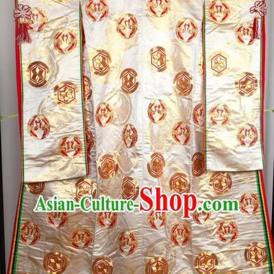 Japan Classical Cranes Pattern Uchikake Kimono Clothing Wedding Bride Embroidered Garment Costume Traditional Court Empress Golden Yukata Dress