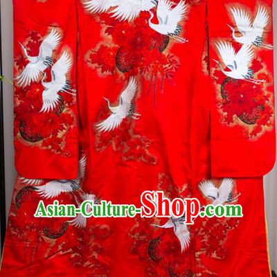 Japan Bride Embroidered Garment Costume Traditional Wedding Red Yukata Dress Classical Cranes Pattern Uchikake Kimono Clothing