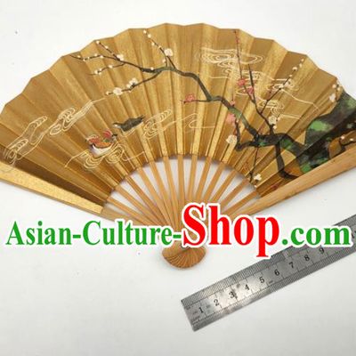 Japanese Hand Painting Plum Blossom Fan Traditional Stage Performance Golden Folding Fan Classical Dance Accordion