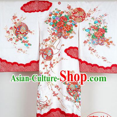 Japan Festival Girl Kimono Costume Traditional Hydrangea Pattern White Yukata Dress Ancient Princess Clothing