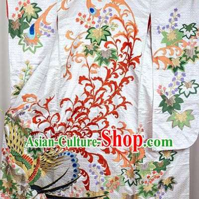Japan Classical Phoenix Pattern Furisode Kimono Clothing Wedding Embroidered Uchikake Garment Costume Traditional White Silk Yukata Dress