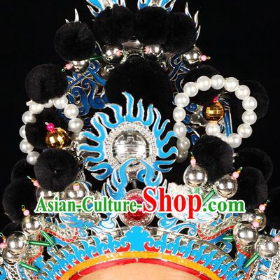 Chinese Handmade Opera Warrior Guan Yu Black Helmet Hair Accessories Peking Opera General Hat Beijing Opera Wusheng Headdress