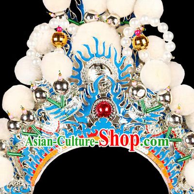 Chinese Handmade Opera Warrior Guan Yu Helmet Headwear Peking Opera Wusheng White Hat Beijing Opera General Headdress