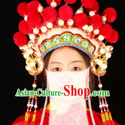 China Handmade Opera Female General Headdress Beijing Opera Blues Red Phoenix Coronet Headwear Traditional Peking Opera Swordswoman Hat