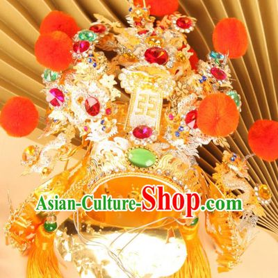 Chinese Handmade Opera Heaven Emperor Headdress Peking Opera God Statue Hair Accessories Beijing Opera King Golden Hair Crown