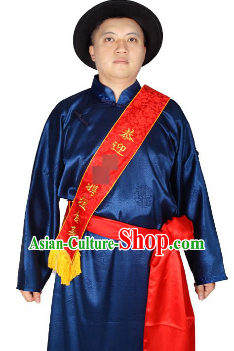 China Ancient Bridegroom Costume Minguo Male Clothing Traditional Wedding Navy Long Robe China Ancient Bridegroom Costume Minguo Male Clothing Traditional Wedding Navy Long Robe