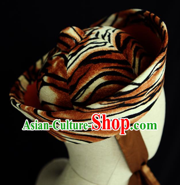 Chinese Handmade Opera Warrior Headdress Ancient Huntsman Headwear Beijing Opera Wusheng Leopard Hat Chinese Handmade Opera Warrior Headdress Ancient Huntsman Headwear Beijing Opera Wusheng Leopard Hat