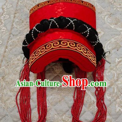 China Handmade Minority Hat Liangshan Ethnic Group Folk Dance Headdress Yi Nationality Woman Red Tile Headwear
