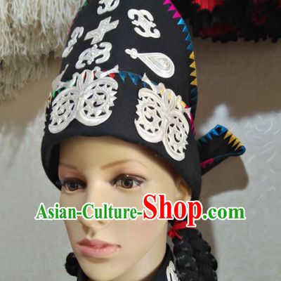 China Liangshan Ethnic Group Female Silver Headdress Yi Nationality Folk Dance Headwear Handmade Minority Black Hat