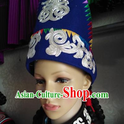 China Handmade Minority Blue Hat Liangshan Ethnic Group Female Silver Headdress Yi Nationality Folk Dance Headwear