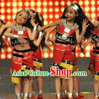 Chinese Wa Minority Dance Red Outfits Yunnan Ethnic Stage Performance Garment Costumes Va Nationality Girl Dress Clothing