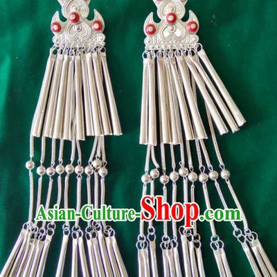 Chinese Yi Minority Female Silver Jewelry Liangshan Ethnic Folk Dance Long Tassel Earrings Handmade Yi Nationality Ear Accessories