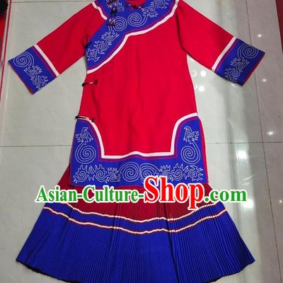 Chinese Ethnic Folk Dance Clothing Liangshan National Minority Red Flax Uniforms Yi Nationality Female Costumes