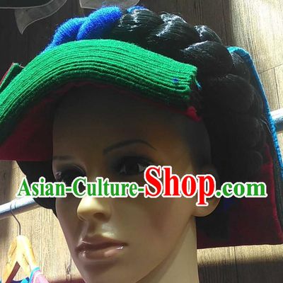 China Yi Minority Woman Folk Dance Cap Headdress Liangshan Ethnic Group Festival Braid Hairpieces Handmade Embroidered Tile Hat