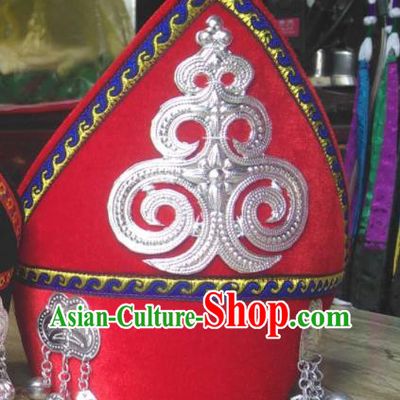 China Handmade Silver Tassel Red Hat Yi Minority Children Dance Headdress Liangshan Ethnic Group Girl Headwear