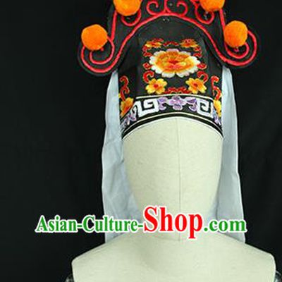 Chinese Handmade Chaozhou Opera Swordsman Headwear Beijing Opera Scholar Embroidered Black Hat Ancient Young Male Headdress