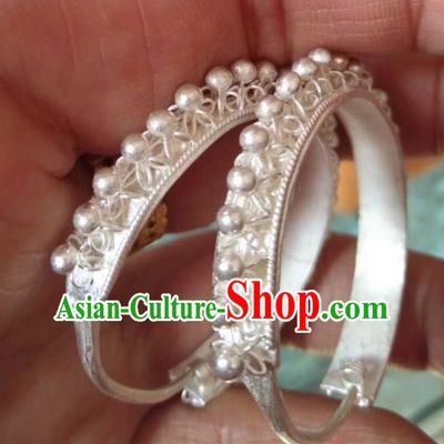 Chinese Handmade Yi Nationality Carving Ear Accessories Yi Minority Silver Jewelry Liangshan Ethnic Folk Dance Earrings