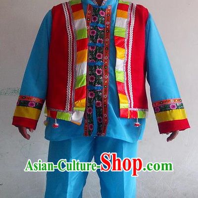 China Ethnic Cucurbit Flute Performance Blue Outfits Yunnan Minority Male Costumes Yi Nationality Folk Dance Clothing