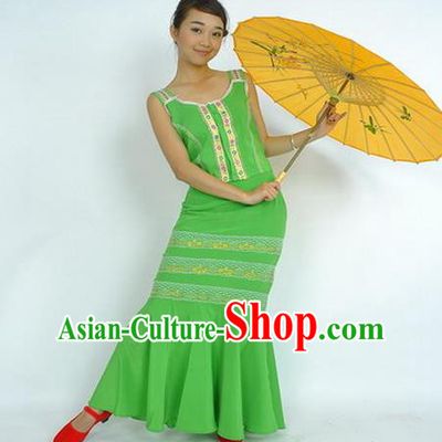 Chinese Ethnic Peacock Dance Green Uniforms Yunnan National Minority Dance Dress Dai Nationality Female Performance Garment Costumes