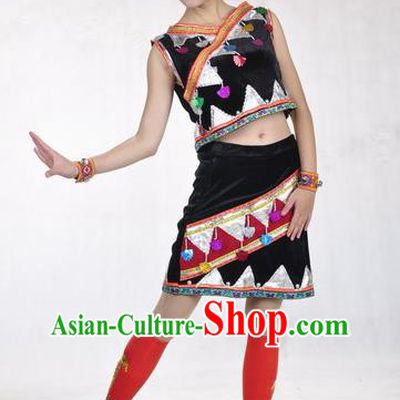 Chinese Va Nationality Performance Garment Costumes Wa Ethnic Dance Black Uniforms Yunnan National Minority Dance Dress