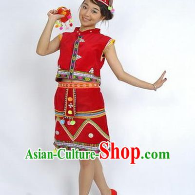 Chinese Yunnan National Minority Performance Dress Va Nationality Woman Garment Costumes Wa Ethnic Dance Red Uniforms and Headpiece