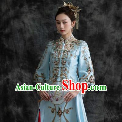 Chinese Traditional Wedding Garment Costumes Ancient Bride Light Blue Dress Classical Embroidery Beads Xiuhe Suits Ceremony Toasting Clothing