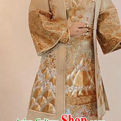 Chinese Traditional Bride Toasting Garment Costumes Ancient Empress Embroidered Dress Classical Golden Xiuhe Suits Wedding Ceremony Clothing