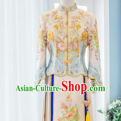 Chinese Ancient Bride Champagne Garment Costumes Classical Embroidered Xiuhe Suits Traditional Hanfu Dress Wedding Ceremony Toasting Clothing