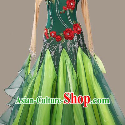 Custom Modern Dance Embroidered Green Dress International Dance Garment Ballroom Dancing Clothing Waltz Competition Fashion