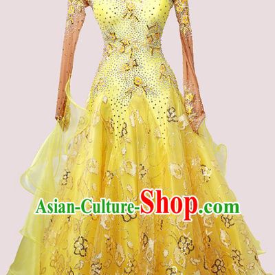 Custom International Dance Competition Yellow Dress Ballroom Dancing Clothing Waltz Performance Fashion Modern Dance Garment