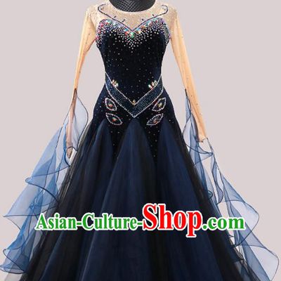 Custom Ballroom Dancing Clothing Waltz Dancewear Modern Dance Fashion Garment International Dance Navy Pleuche Dress