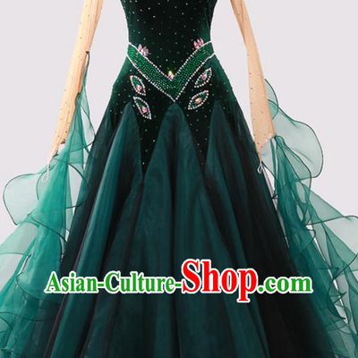 Custom International Dance Atrovirens Pleuche Dress Ballroom Dancing Clothing Waltz Dancewear Modern Dance Fashion Garment