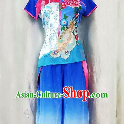 China Folk Dance Blue Uniforms Fan Dance Costumes Yangko Dance Outfits Women Group Dance Fashions