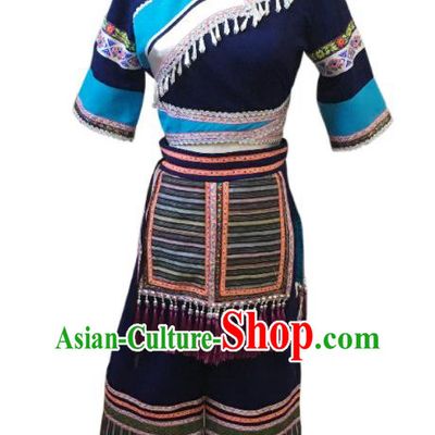 Chinese Zhuang Nationality Folk Dance Dress Clothing Minority Stage Performance Navy Outfits Ethnic Country Woman Garment Costumes