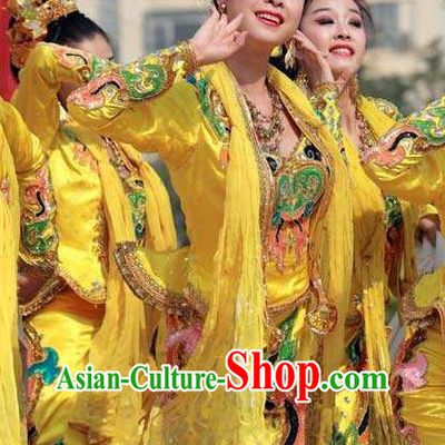 Chinese Xinjiang Minority Woman Yellow Uniforms Uyghur Ethnic Performance Garment Costumes Uighur Nationality Folk Dance Clothing