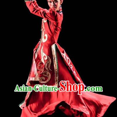 Chinese Mongolian Nationality Folk Dance Clothing Mongol Minority Woman Red Dress Uniforms Ethnic Performance Garment Costumes