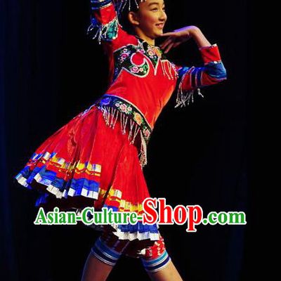 Chinese Xiangxi Minority Performance Garment Costumes Miao Nationality Folk Dance Clothing Hmong Ethnic Children Red Dress Uniforms