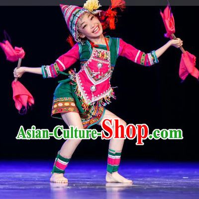 Chinese Jino Minority Performance Garment Costumes Jinuo Nationality Folk Dance Clothing Ethnic Children Green Uniforms