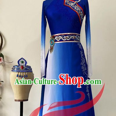Chinese Ethnic Folk Dance Royalblue Dress Uniforms Mongol Minority Performance Garment Costumes Mongolian Nationality Bowl Dance Clothing