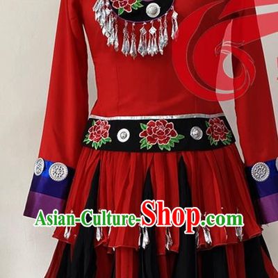 Chinese Ethnic Female Group Dance Red Dress Uniforms Hmong Minority Performance Garment Costumes Miao Nationality Wedding Clothing
