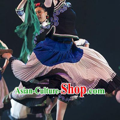 Chinese Ethnic Stage Performance Dress Uniforms Xiangxi Minority Female Garment Costumes Tujia Nationality Folk Dance Clothing