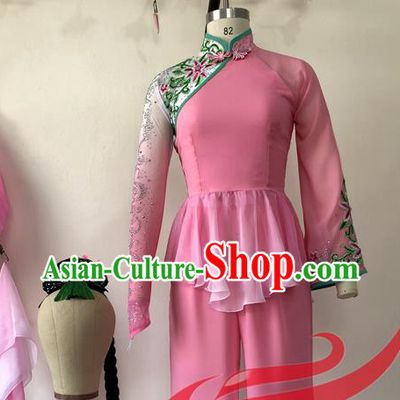 China Woman Group Dance Apparels Jiaozhou Yangko Dance Pink Uniforms Fan Dance Costumes Folk Dance Outfits