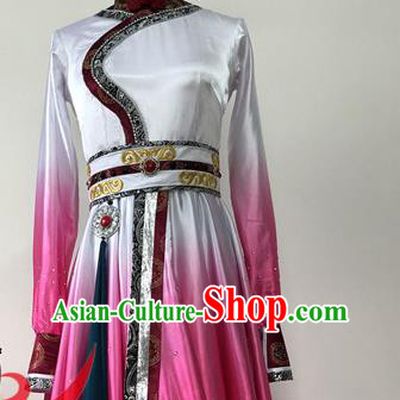 Chinese Ethnic Dance Rosy Dress Uniforms Mongolian Minority Performance Garment Costumes Mongol Nationality Woman Dance Clothing
