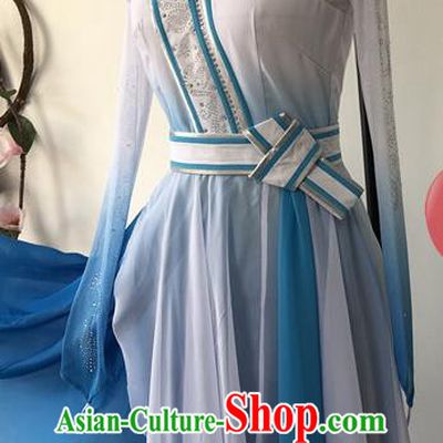 Chinese Mongol Nationality Woman Dance Clothing Ethnic Dance Blue Dress Uniforms Mongolian Minority Performance Garment Costumes