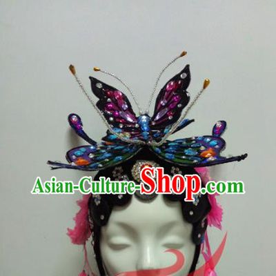 Top China Classical Dance Wigs Chignon Hairpieces Woman Group Dance Purple Butterfly Headdress Opera Dance Hair Accessories