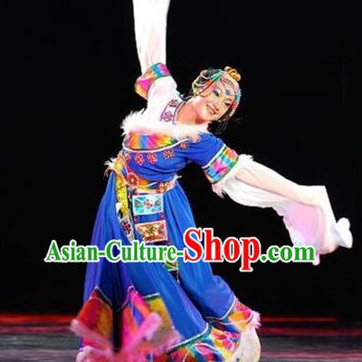 Chinese Zang Minority Performance Garment Costumes Tibetan Nationality Woman Dance Clothing Ethnic Dance Blue Dress Uniforms