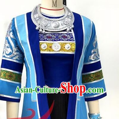 Chinese Ethnic Female Group Dance Blue Dress Uniforms Guizhou Minority Performance Garment Costumes Dong Nationality Folk Dance Clothing