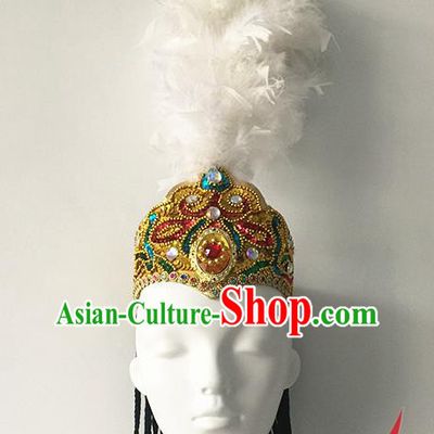 Top China Xinjiang Minority Female Feather Hat Ethnic Stage Performance Headwear Uyghur Nationality Folk Dance Hair Accessories