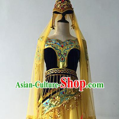 Top China Ethnic Stage Performance Headwear Uyghur Nationality Folk Dance Hair Accessories Xinjiang Minority Female Yellow Veil Hat